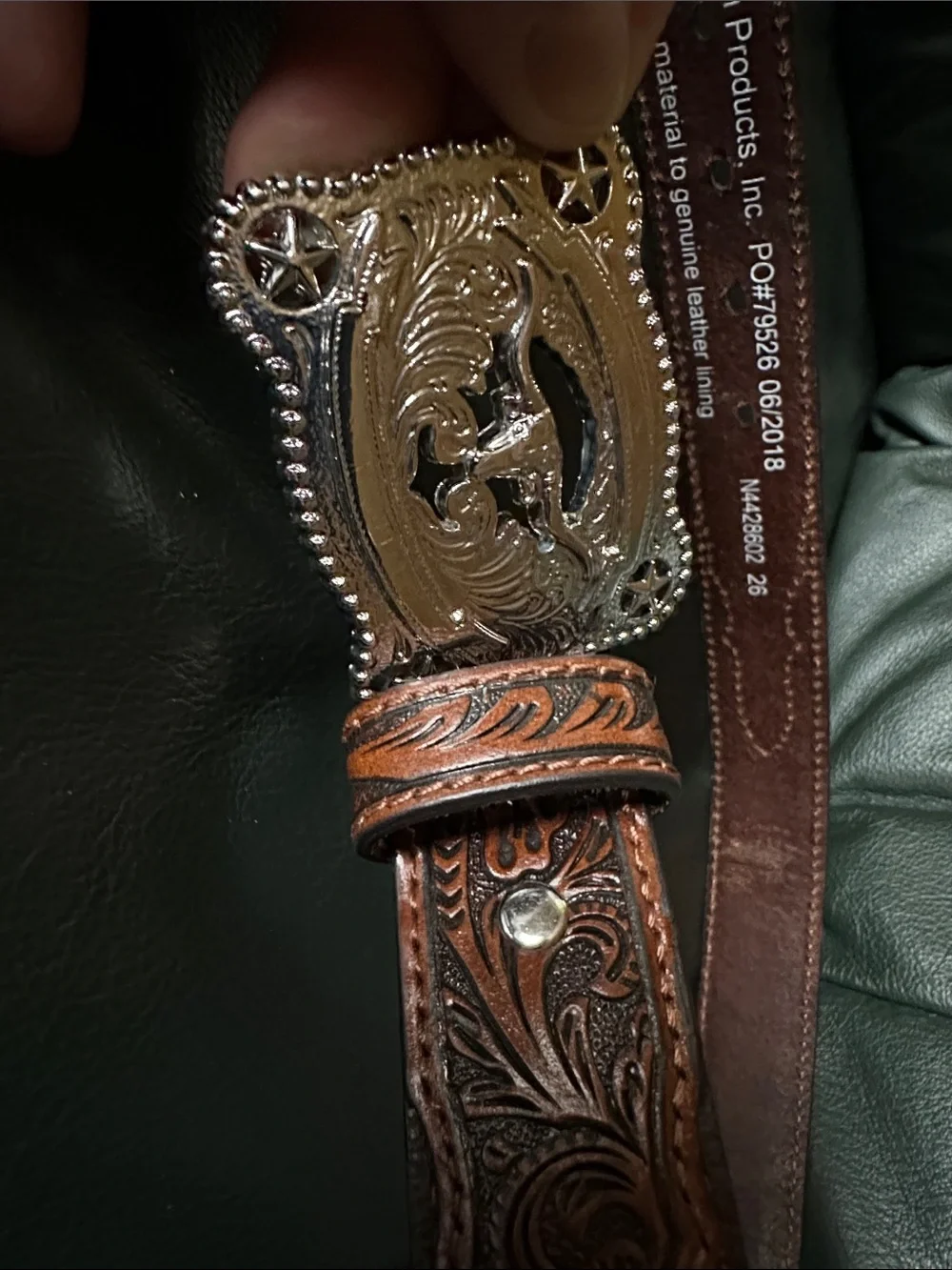 Nocona Belt Co Western Tooled Brown Leather Belt with Silver Rodeo Buckle NEW